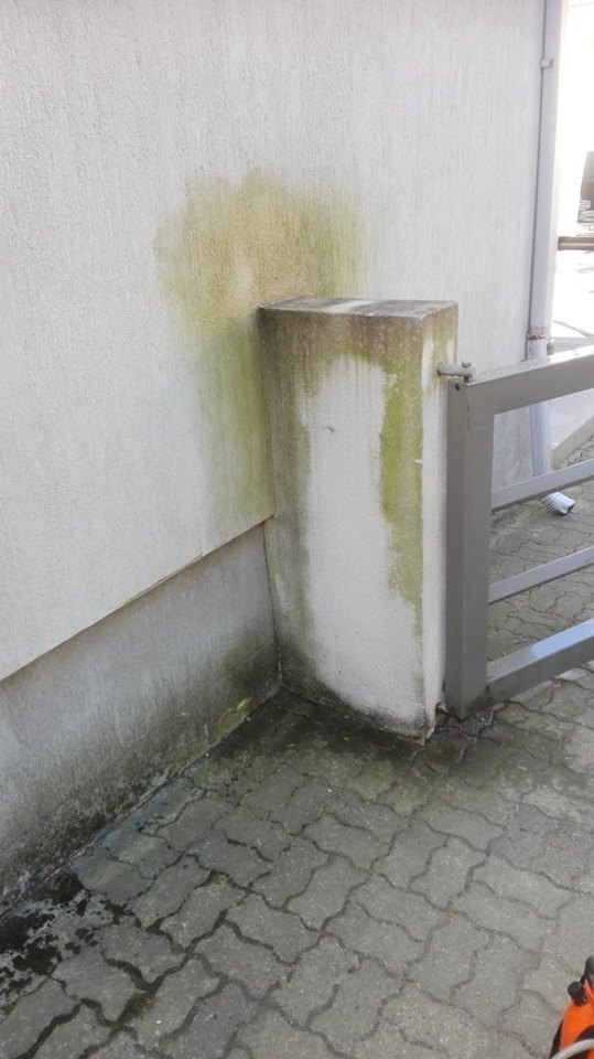 Määrdunud korhvitud sein ja aiapostid enne puhastamist. Määrdunud korhvitud sein ja aiapostid enne puhastamist.