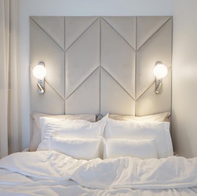 Sisekujundus - Halonalebell (Kadi Tallermo ja Piret Naaber), polsterdatud voodipeats - Wall Design Eesti, kardin - Harmtex 