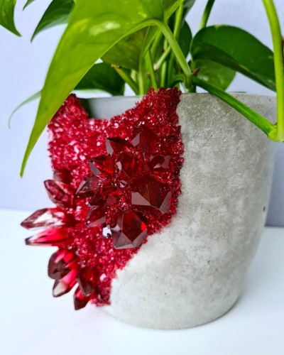 Derby-s design hall betoonist lillepott punaste kristallidega
