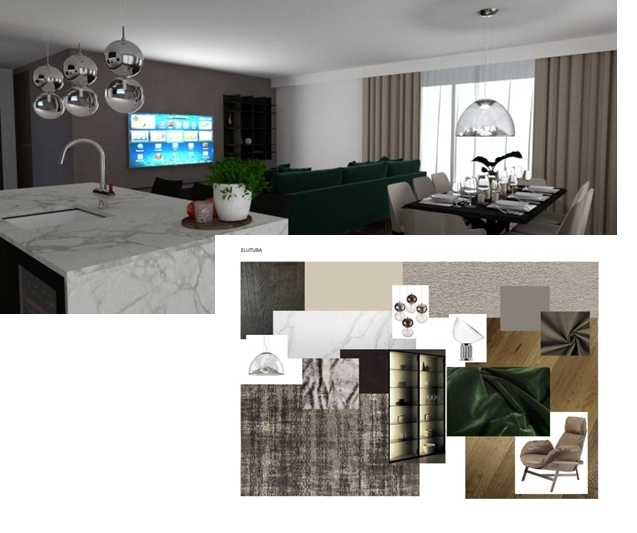 3D-s visualiseeritud toaplaan ja sisustusesemete valiku plaan. 